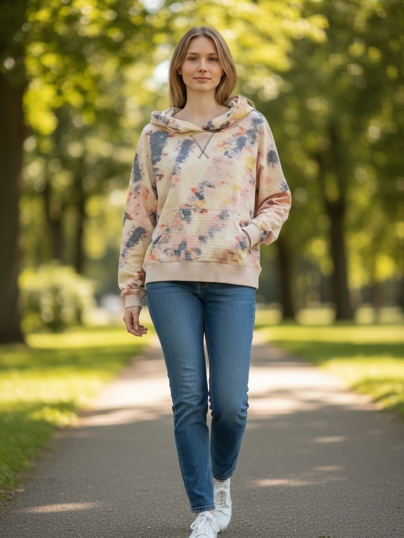 Women's Multicolor Tie-Dye Hooded Pullover Sweatshirt - Neutral Tones